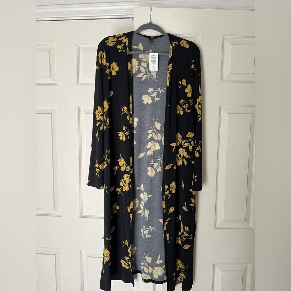 Torrid Black & Yellow Floral Stretch Jersey Knit Long Sleeve Duster Cardigan